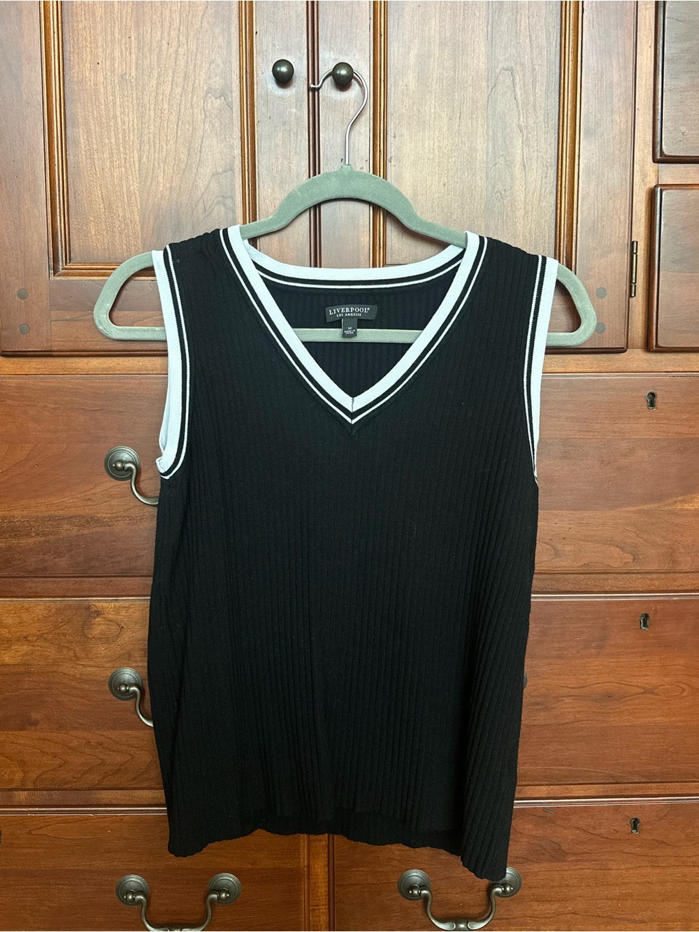 Liverpool Black Sleeveless V-Neck Sweater with White Trim